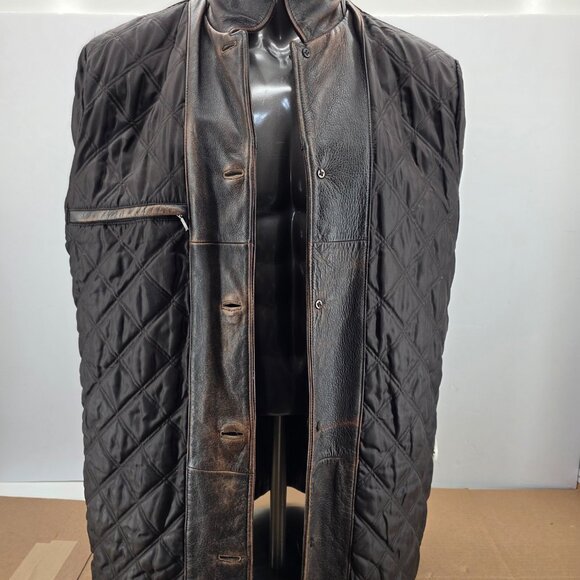 Vtg Men’s Eddie Bauer Leather Coat Jacket Distressed Brown L Quilted Liner Long - Picture 10 of 14